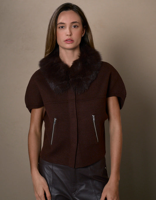 CASACO FOX MADRE REINA TRICOT COM PELE MADEIRA