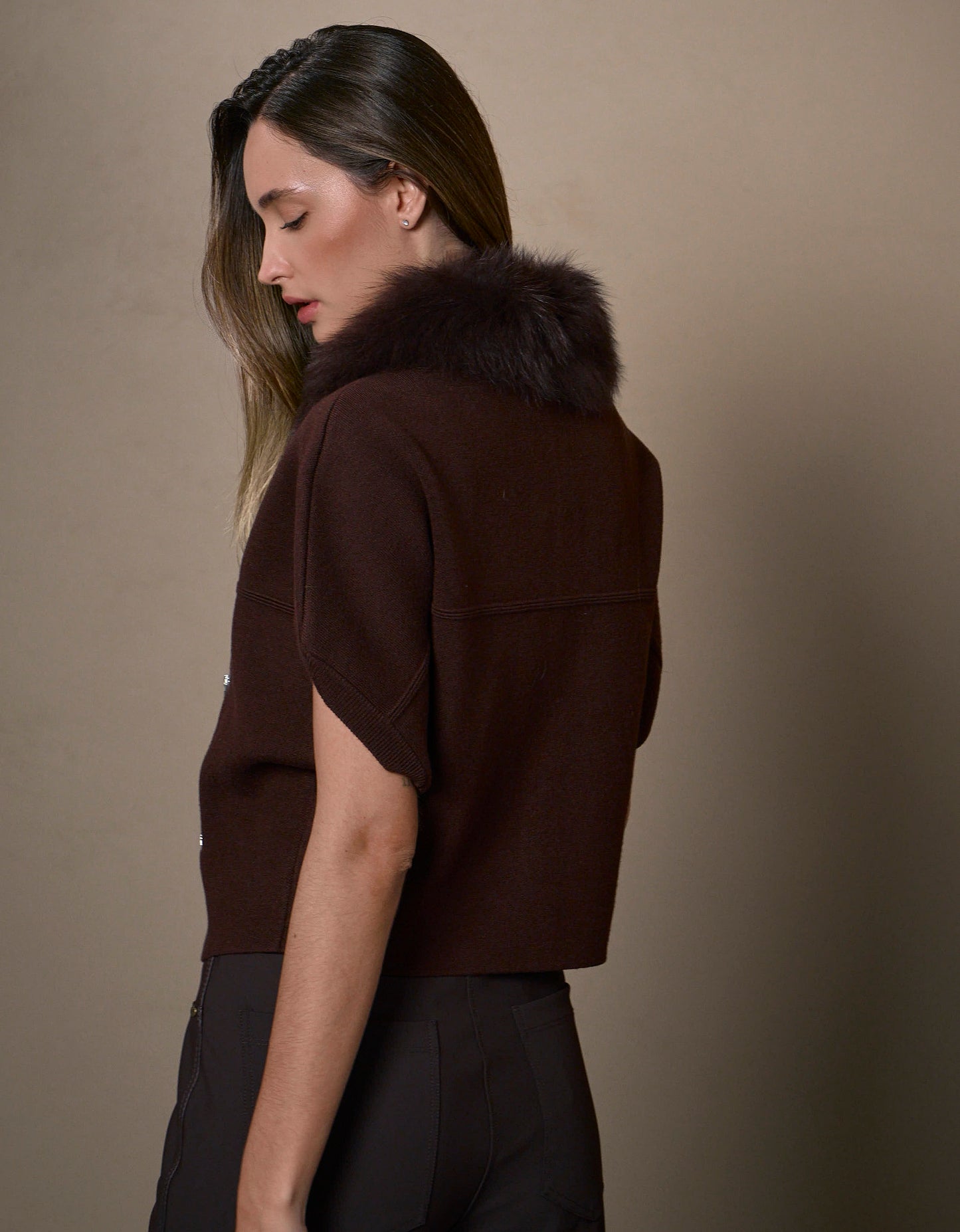 CASACO FOX MADRE REINA TRICOT COM PELE MADEIRA