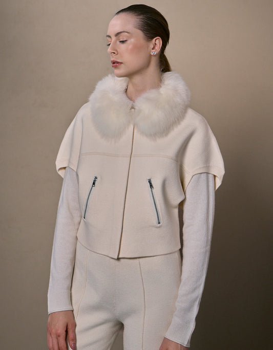 CASACO FOX MADRE REINA TRICOT COM PELE OFF WHITE