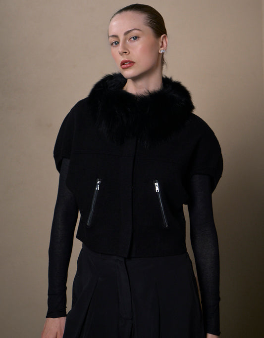 CASACO FOX MADRE REINA TRICOT COM PELE PRETO