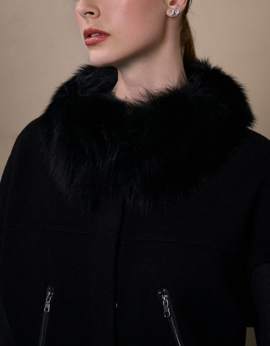 CASACO FOX MADRE REINA TRICOT COM PELE PRETO