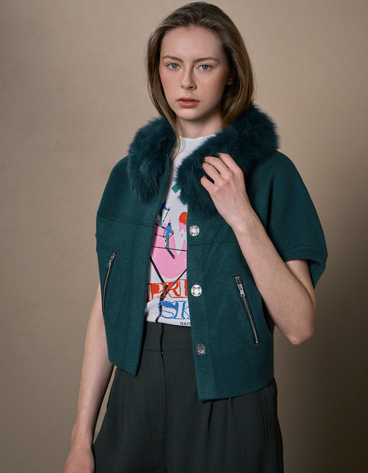 CASACO FOX MADRE REINA TRICOT COM PELE VERDE FLORESTA