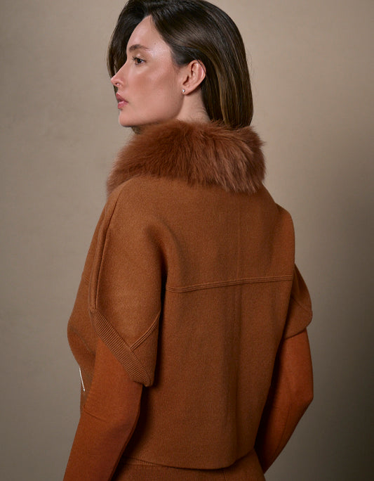 CASACO FOX MADRE REINA TRICOT COM PELE WHISKY