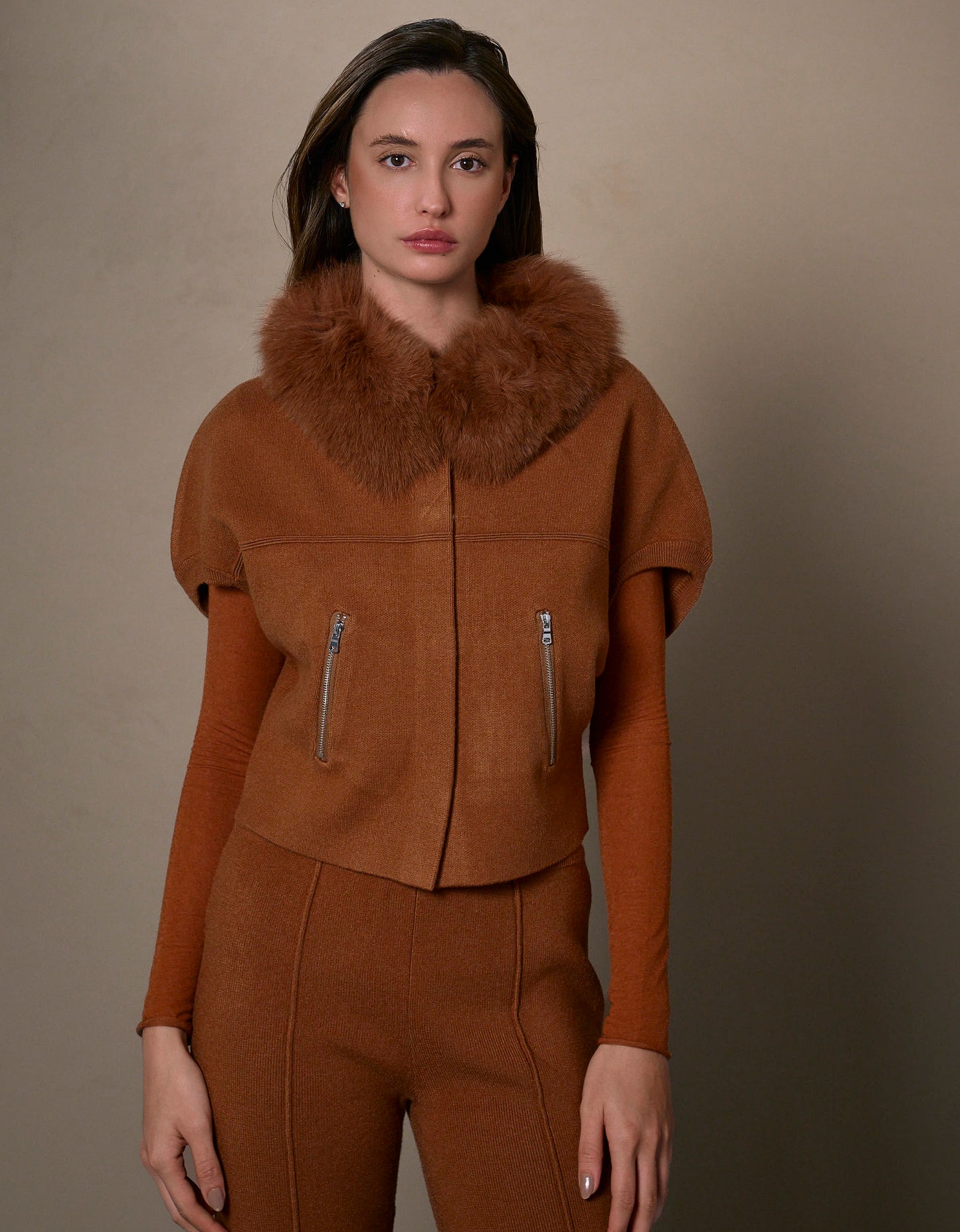CASACO FOX MADRE REINA TRICOT COM PELE WHISKY