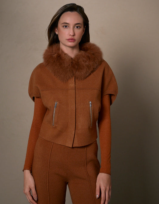 CASACO FOX MADRE REINA TRICOT COM PELE WHISKY