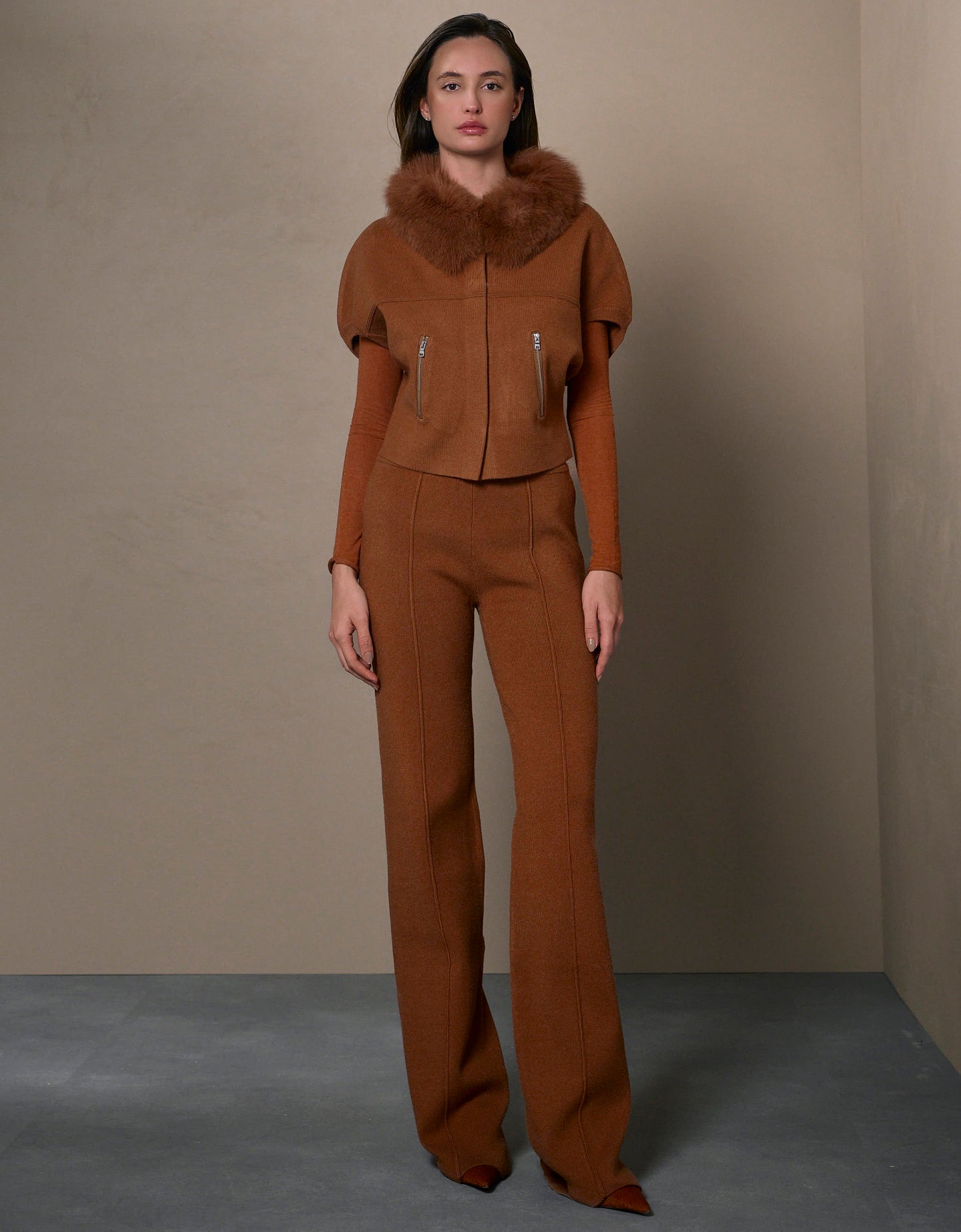 CASACO FOX MADRE REINA TRICOT COM PELE WHISKY