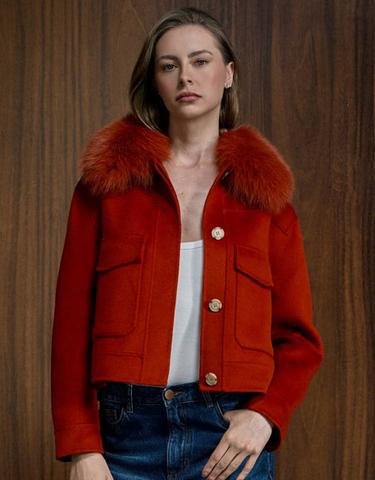 CASACO LINDA MADRE REINA LÃ COM PELE LARANJA AMBAR