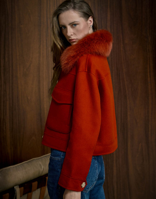 CASACO LINDA MADRE REINA LÃ COM PELE LARANJA AMBAR