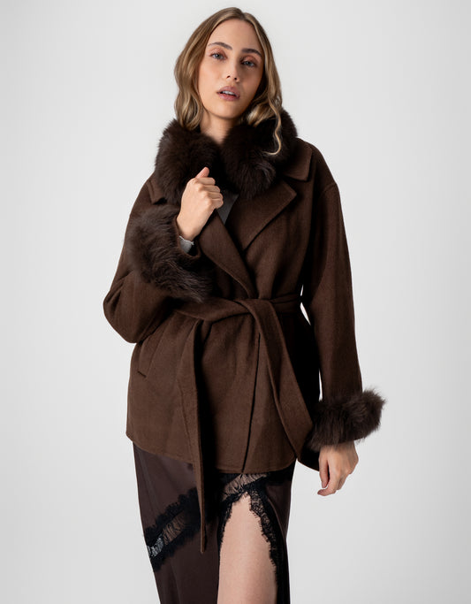 CASACO MEGAN MADRE REINA LÃ COM PELE MADEIRA