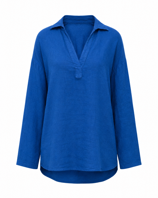 BLUSA BRUNA MADRE REINA LINHO AZUL MESQUITA