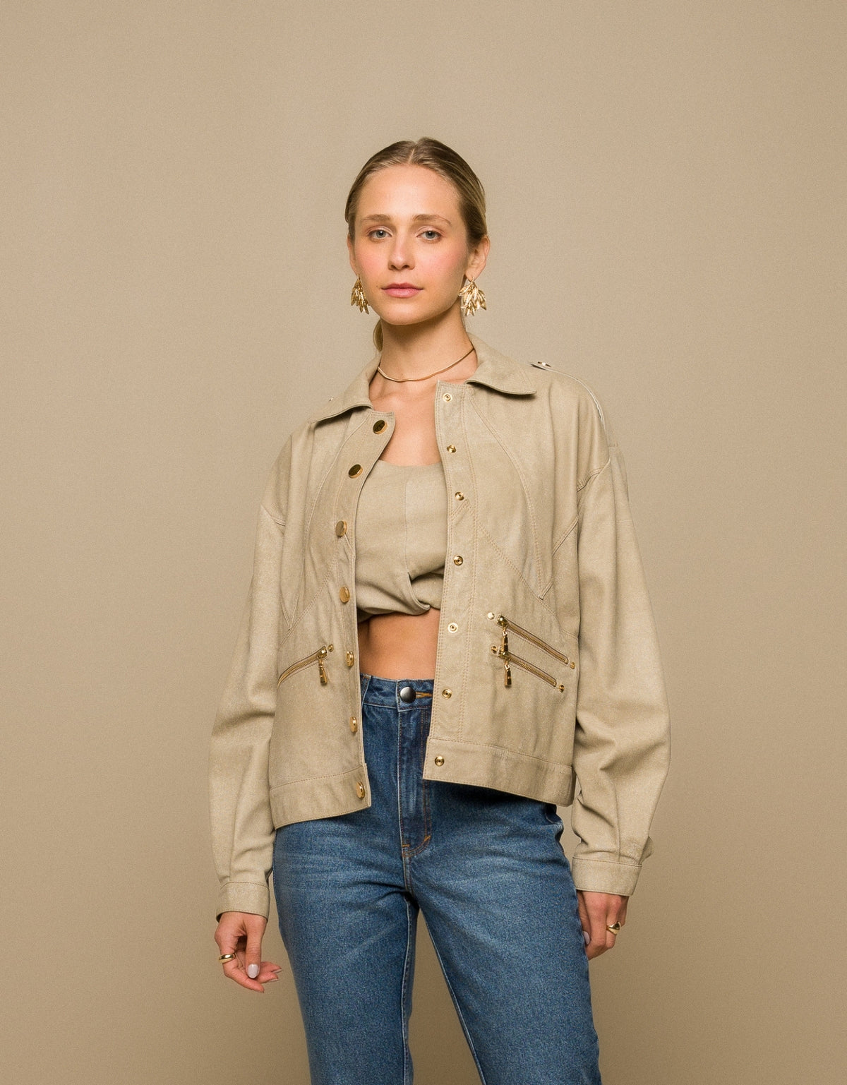 JAQUETA GIULIA MADRE REINA COURO NOZES DENIM