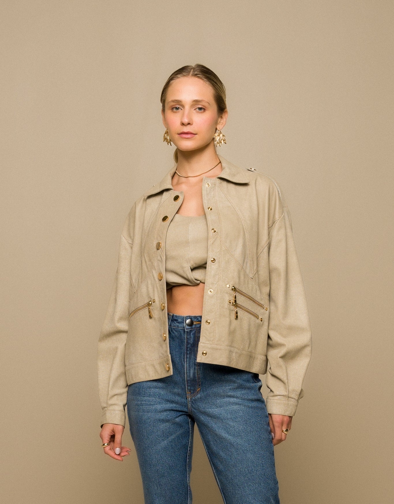 JAQUETA GIULIA MADRE REINA COURO NOZES DENIM