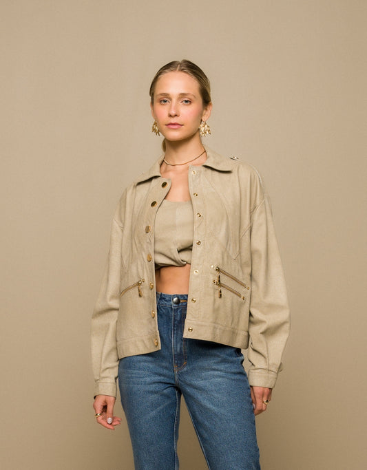 JAQUETA GIULIA MADRE REINA COURO NOZES DENIM