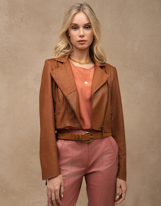 JAQUETA PERFECTO SERPENTE MADRE REINA COURO CARAMELO