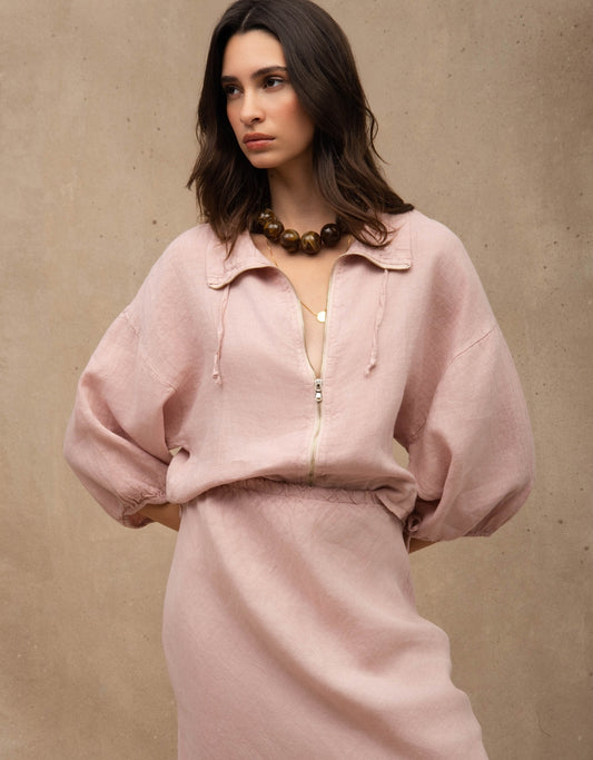 JAQUETA ZÍPER MADRE REINA LINHO ROSA PÓ