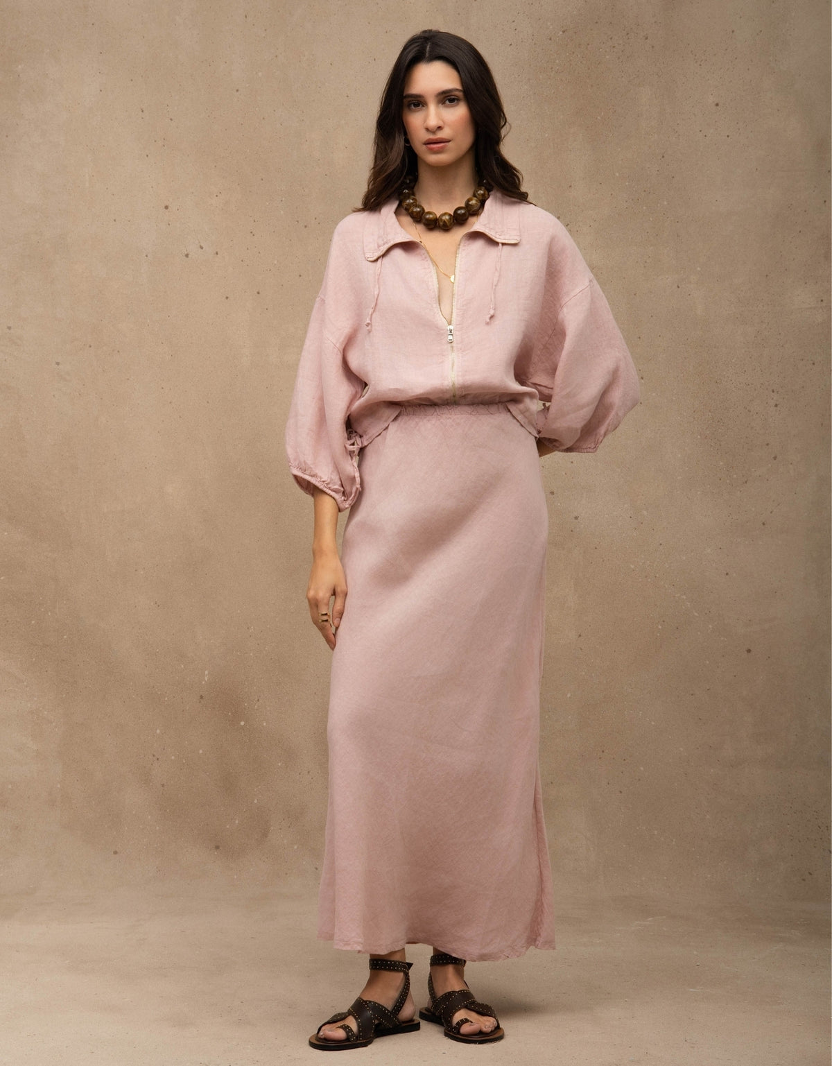 JAQUETA ZÍPER MADRE REINA LINHO ROSA PÓ