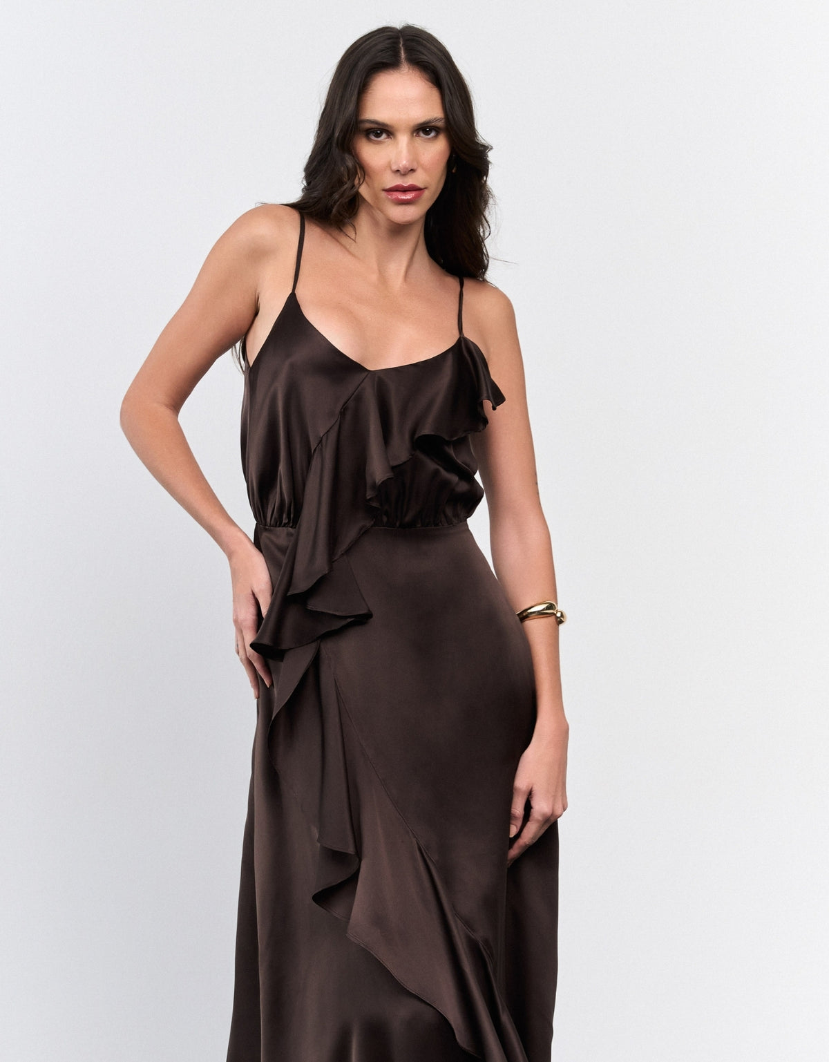 VESTIDO AMANDA MADRE REINA SEDA DARK BROWN