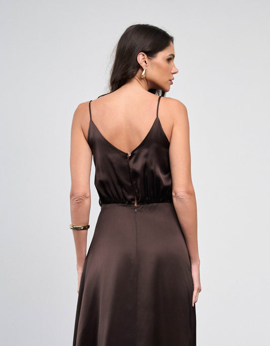 VESTIDO AMANDA MADRE REINA SEDA DARK BROWN