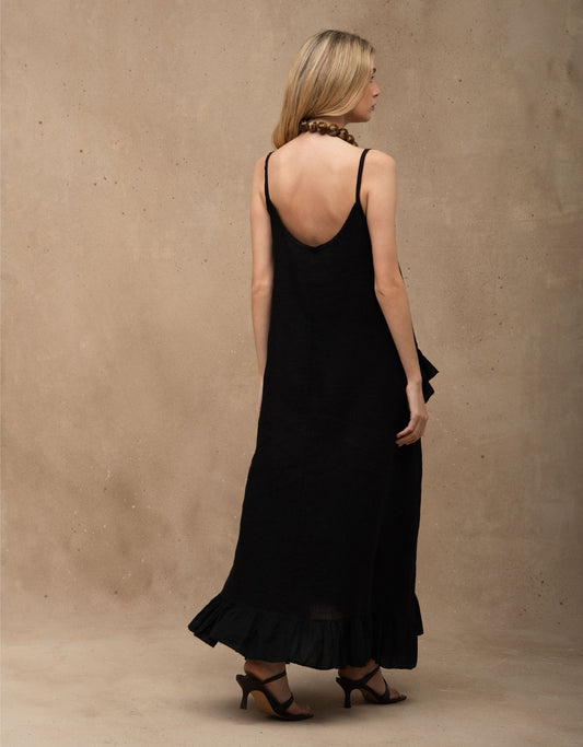 VESTIDO BABADOS MADRE REINA LINHO PRETO