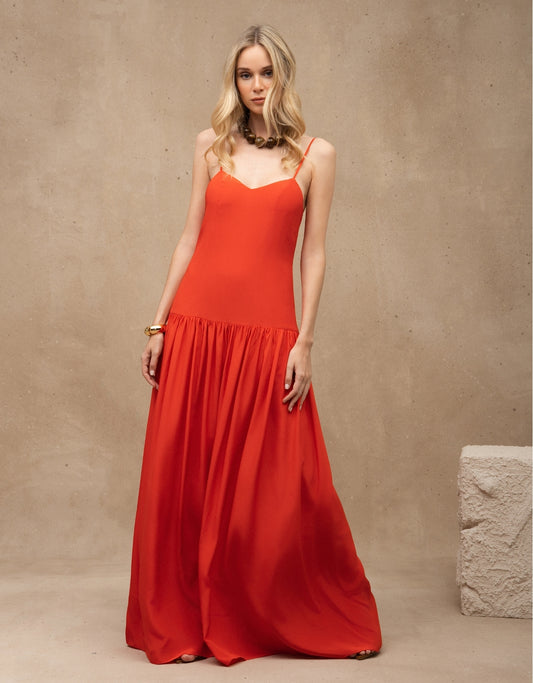 VESTIDO BETINA MADRE REINA SEDA VERMELHO TOMATE