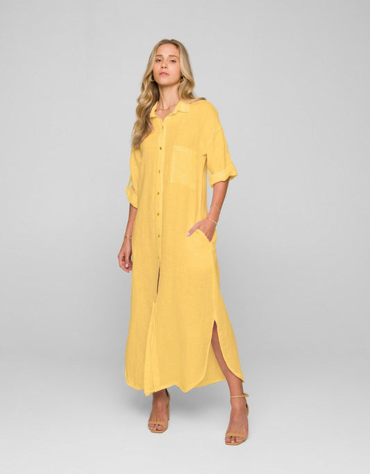 VESTIDO MARIANA MADRE REINA LINHO AMARELO GÉRBERA