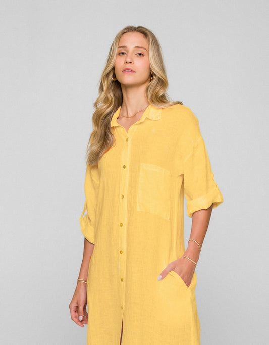 VESTIDO MARIANA MADRE REINA LINHO AMARELO GÉRBERA