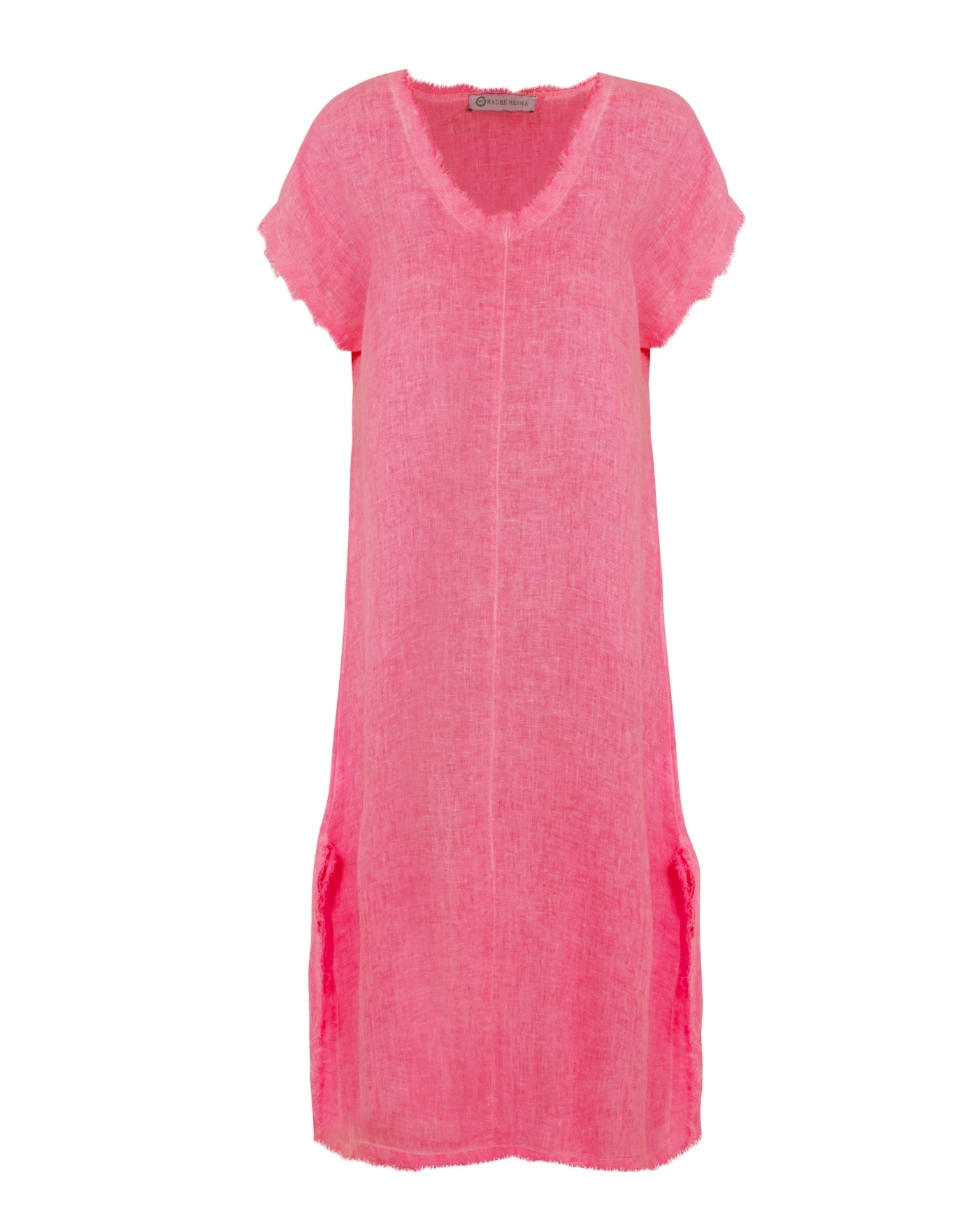 VESTIDO MIDI DECOTE V LINHO PINK NEON