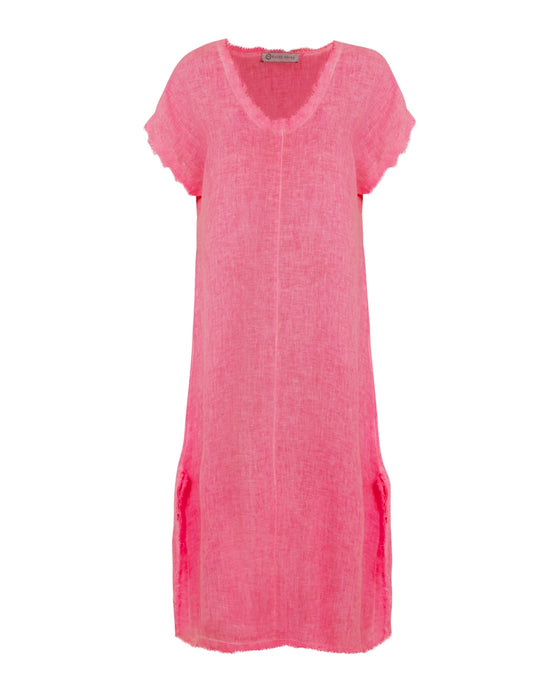VESTIDO MIDI DECOTE V LINHO PINK NEON