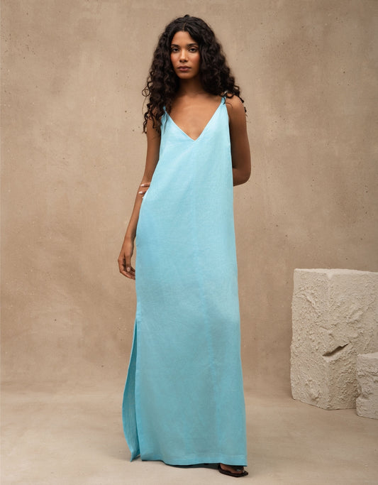 VESTIDO VERÔNICA MADRE REINA LINHO AZUL TURQUESA