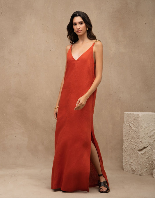 VESTIDO VERÔNICA MADRE REINA LINHO LARANJA PAPRIKA