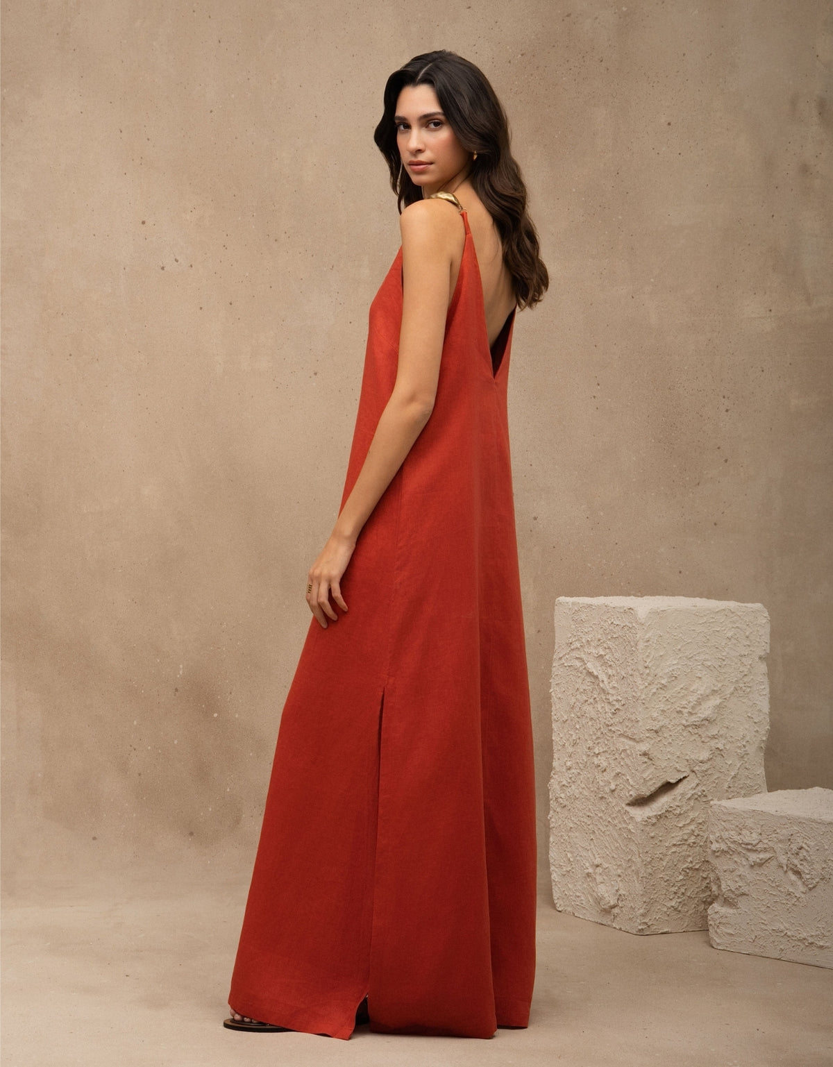 VESTIDO VERÔNICA MADRE REINA LINHO LARANJA PAPRIKA