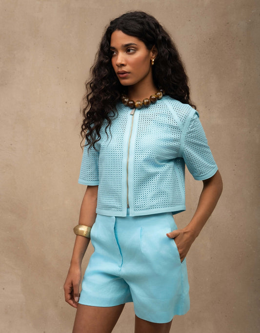 BLUSA BIA MADRE REINA COM TOP PERFURO COURO AZUL TURQUESA