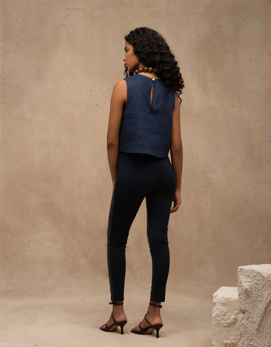 CALÇA MADRE REINA MALHA COM COURO AZUL MARINE