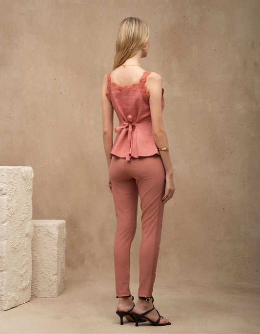 CALÇA MADRE REINA MALHA COM COURO ROSA ROMÃ