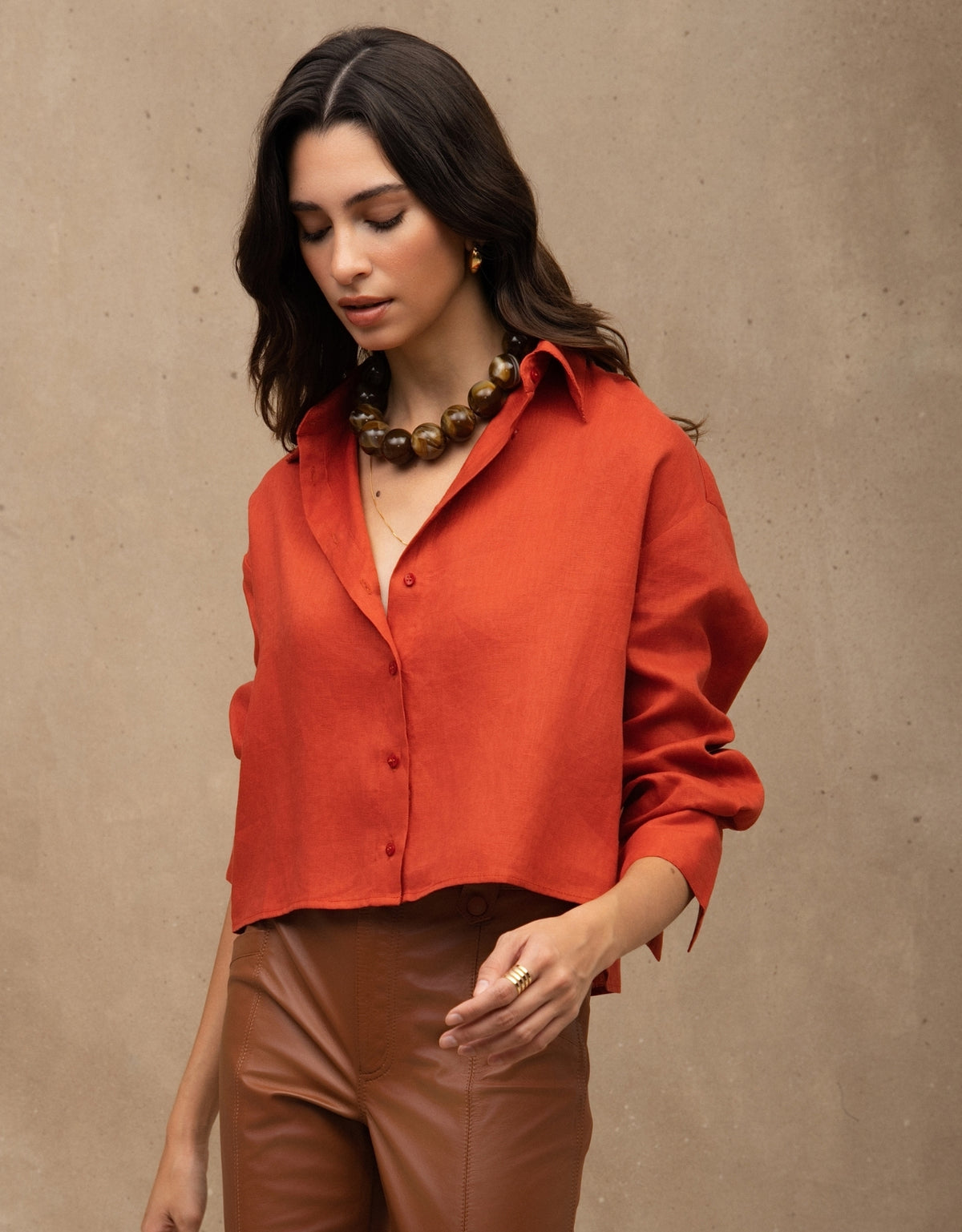 CAMISA CROPPED LINA MADRE REINA LINHO LARANJA PAPRIKA