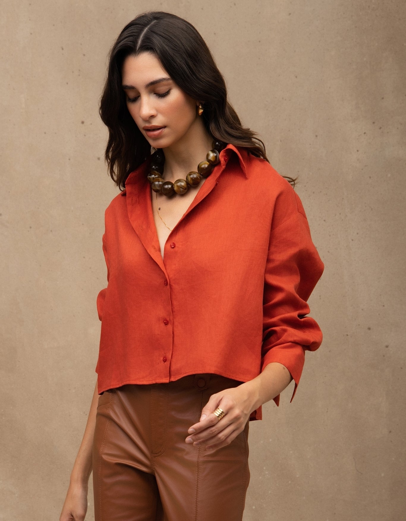 CAMISA CROPPED LINA MADRE REINA LINHO LARANJA PAPRIKA