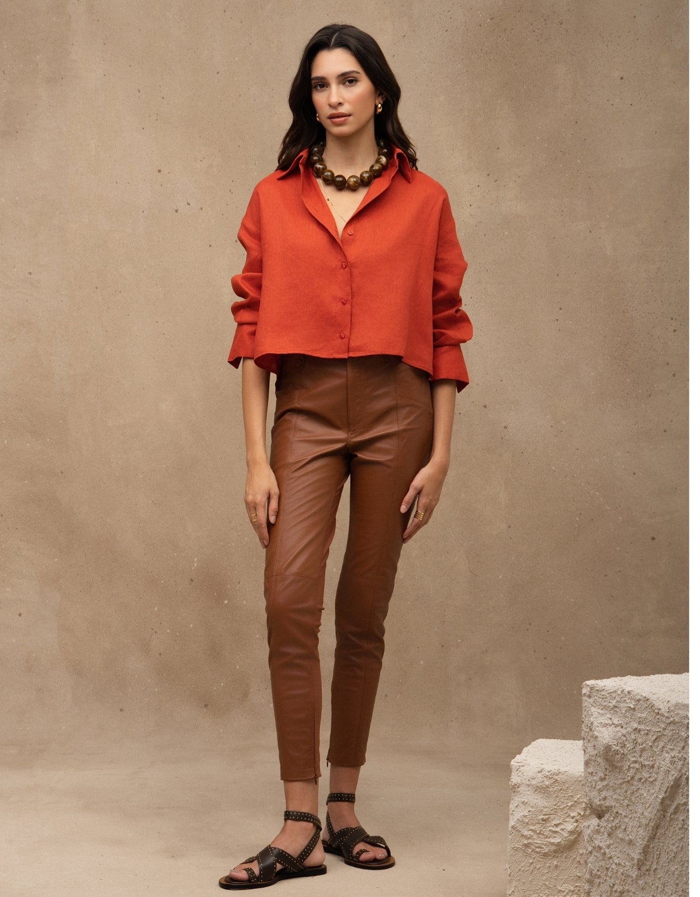 CAMISA CROPPED LINA MADRE REINA LINHO LARANJA PAPRIKA