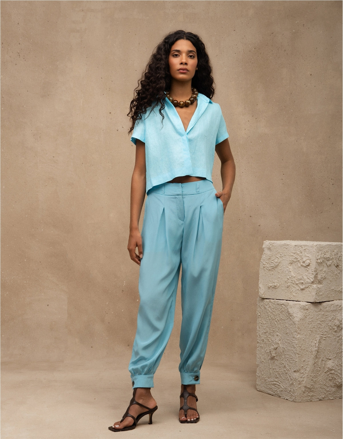 CAMISA LINA MADRE REINA LINHO AZUL TURQUESA