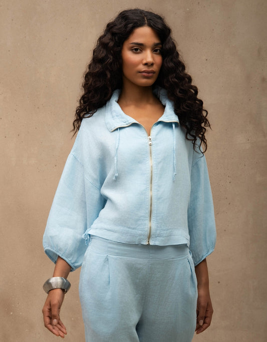 JAQUETA ZÍPER MADRE REINA LINHO AZUL ÁGATA