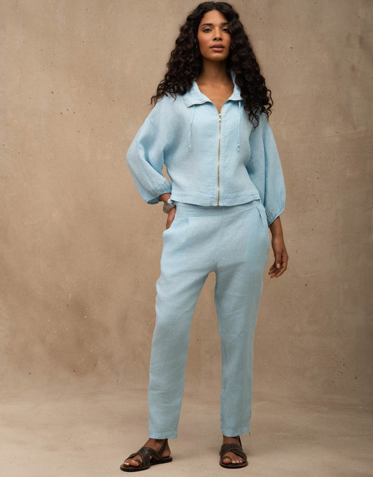 JAQUETA ZÍPER MADRE REINA LINHO AZUL ÁGATA