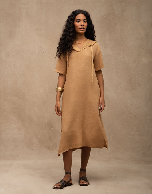 VESTIDO CAMILA MADRE REINA LINHO CAQUI