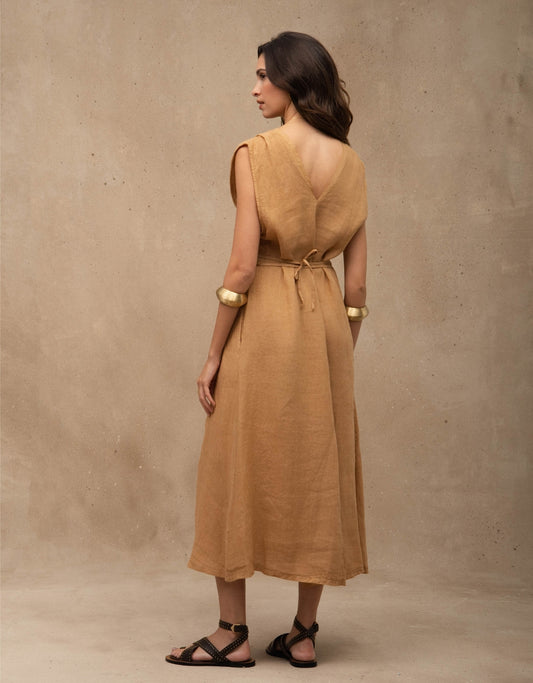 VESTIDO NICOLE MADRE REINA LINHO CAQUI