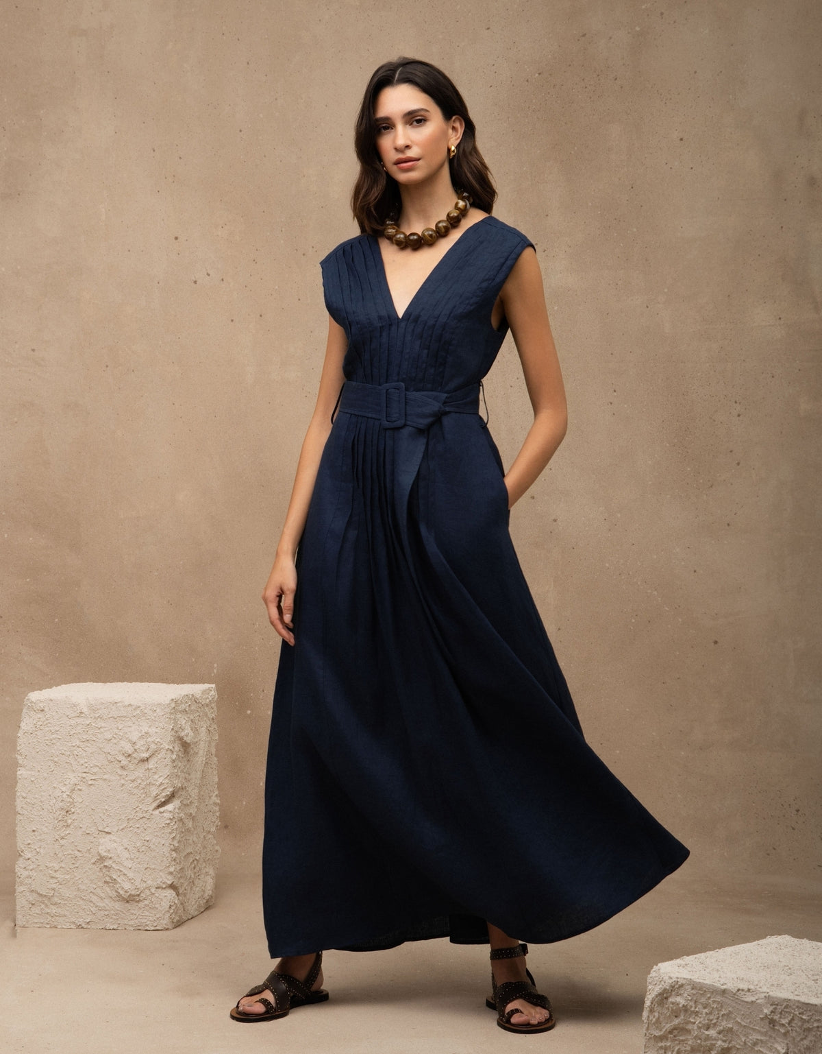 VESTIDO RITA MADRE REINA LINHO AZUL MARINE