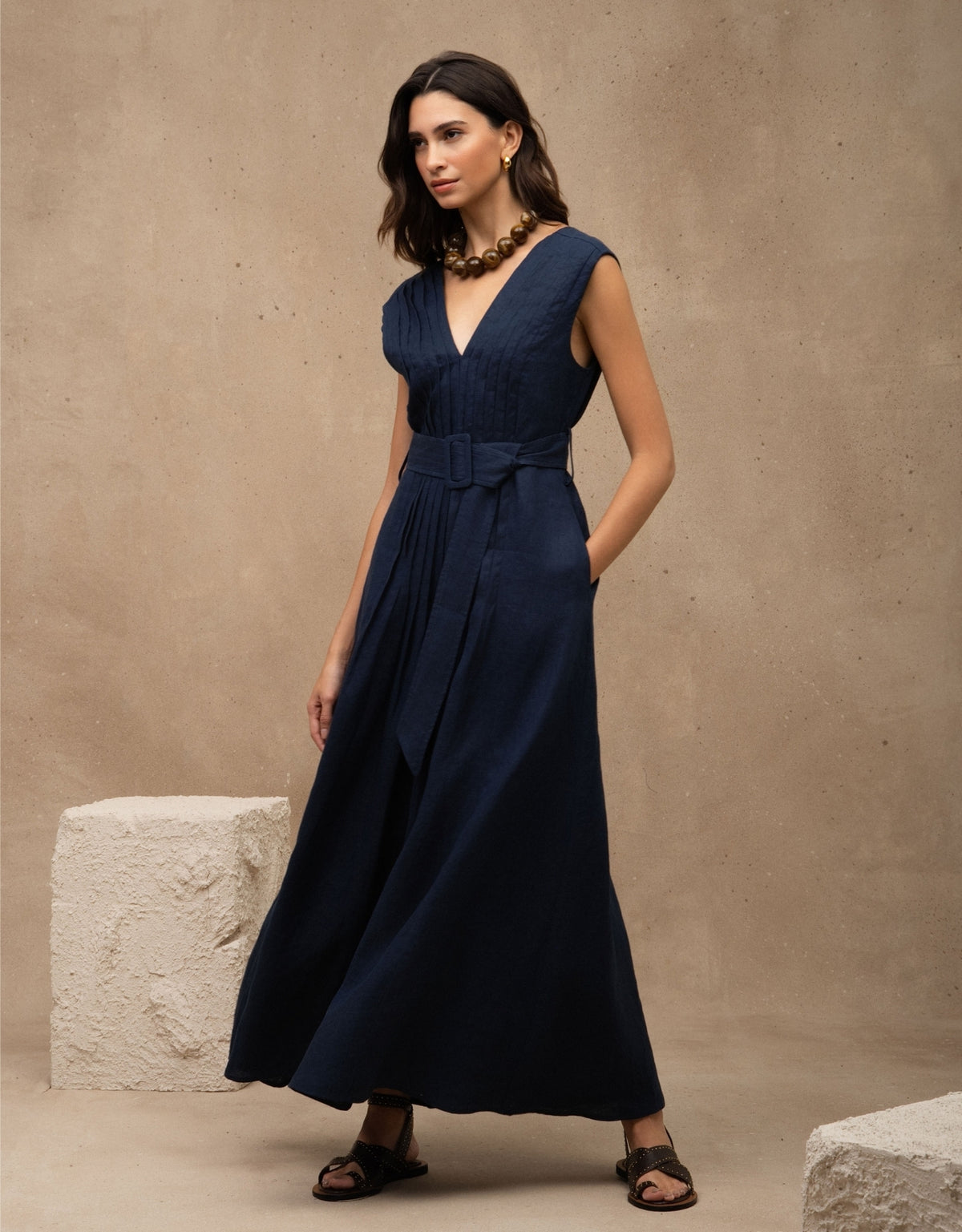 VESTIDO RITA MADRE REINA LINHO AZUL MARINE